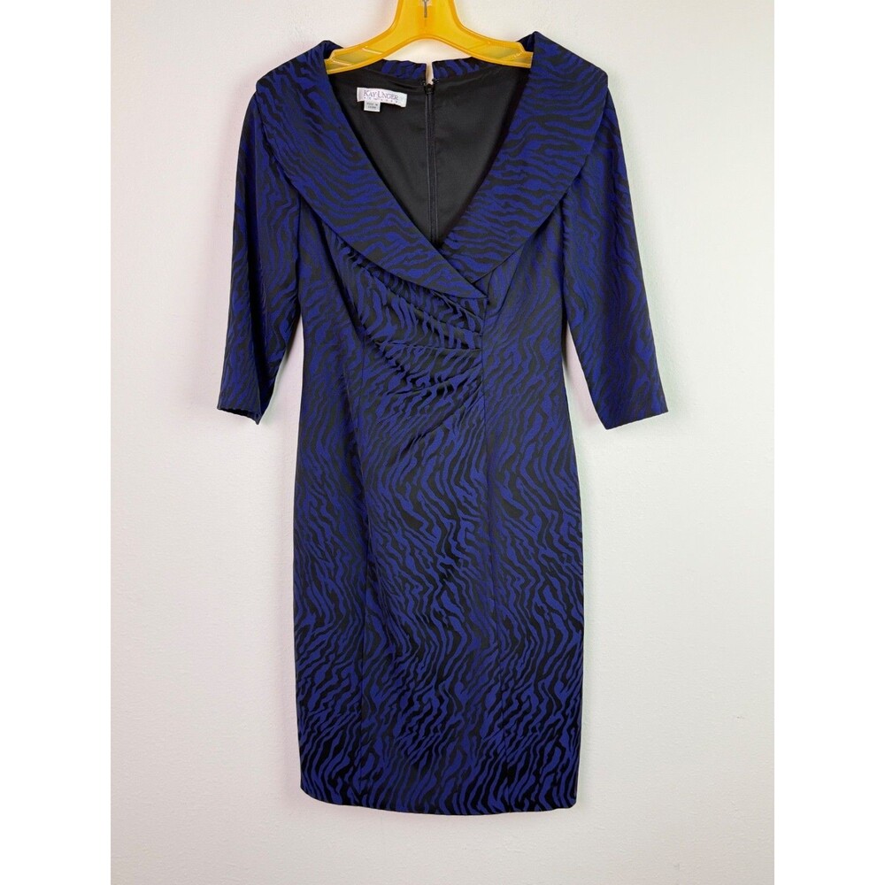 Kay Unger Blue Zebra Print Sheath Dress Sz 2 Ruched Mob Wife Art Deco Inspired